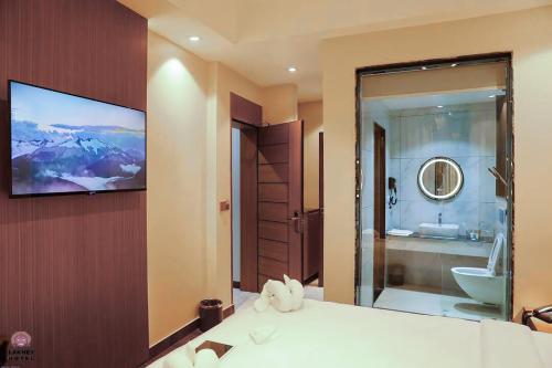 ein Badezimmer mit einem TV an einer Wand neben einem Waschbecken in der Unterkunft Lakhey Hotel in Kathmandu