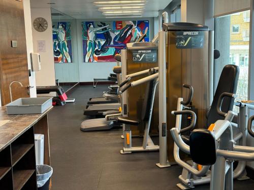 a gym with rows of exercise equipment in a room at Rafayel Hotel & Spa in London