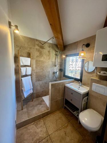 une salle de bain avec une douche, un lavabo et des toilettes dans l'établissement Le Clocher de Cassis, à Cassis