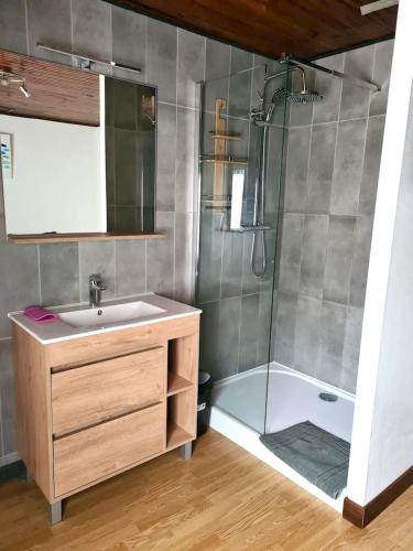 une salle de bain avec un lavabo et une douche dans l'établissement Grande maison conviviale à Flamanville avec jardin clos, à Flamanville