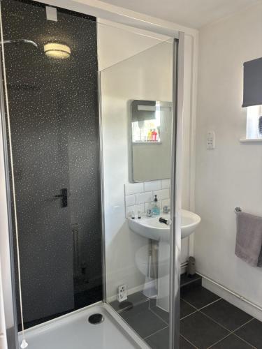 a bathroom with a shower and a sink at The Half Moon Inn Rushall IP21 4QD in Pulham Saint Mary the Virgin