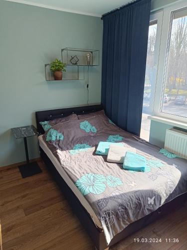 a large bed in a room with a window at Apartament Magnolia in Warsaw