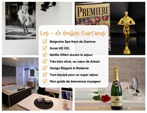 a collage of photos with a bottle of champagne and a sign at Bulles Emotions in Arbois