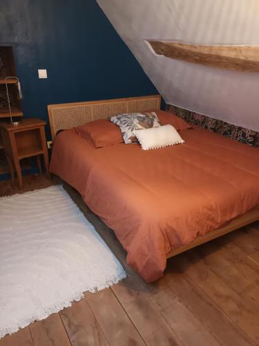 a bedroom with a bed with an orange comforter at D'une rive à l'autre in Francueil