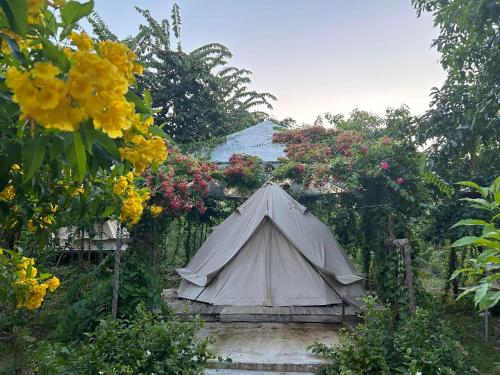 a tent in the middle of a garden with flowers at Suối Đá F-Glamping in Ấp Long Lâm