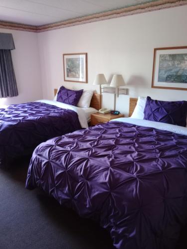 two beds in a hotel room with purple comforter at FairBridge Inn & Suites Thorp in Thorp