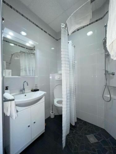 a white bathroom with a sink and a shower at Hôtel Le National in Saint-Étienne