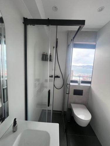 uma casa de banho branca com um chuveiro e um WC. em La Terraza del Àtico em Vigo