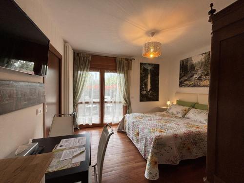 维罗纳Residenza Fontana del Ferro的一间卧室，配有一张床、一张书桌和一扇窗户