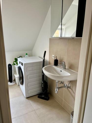 a bathroom with a sink and a washing machine at Flores City Center Studio - Easy Self-Check-IN in Graz