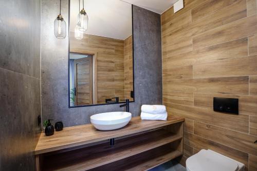 a bathroom with a sink and a mirror at Apartamenty i Pokoje Złote Piaski in Jastrzębia Góra