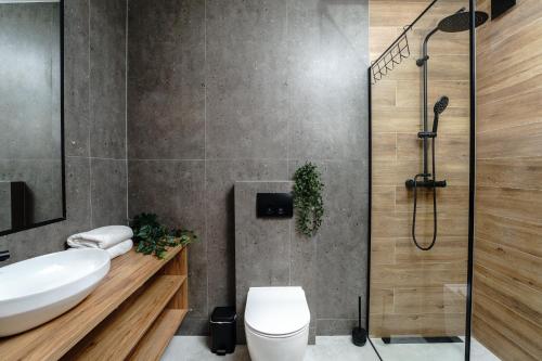 a bathroom with a toilet and a sink and a shower at Apartamenty i Pokoje Złote Piaski in Jastrzębia Góra