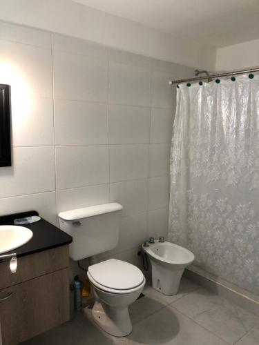 a bathroom with a toilet and a sink and a shower at Mamama’s House in Puerto Madryn