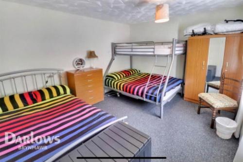BlainaにあるAderyn Mawr Cottageのベッドルーム1室(二段ベッド2台、椅子付)