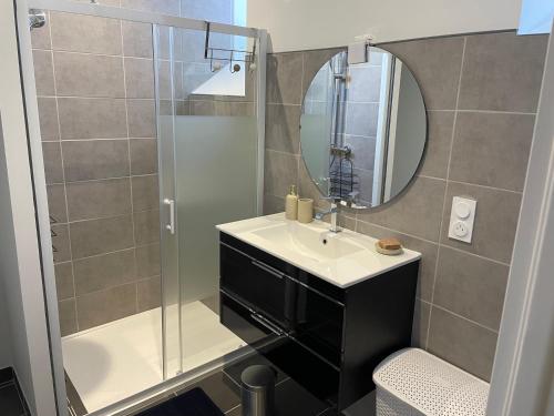 uma casa de banho com um chuveiro, um lavatório e um espelho. em LE CAUBOUS Plein centre T2 calme avec chambre, balcon et cuisine équipée em Bagnères-de-Bigorre