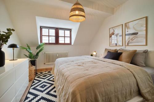 a bedroom with a large bed and a potted plant at Stilvolle Designer Wohnung im Herzen der Altstadt in Wittlich