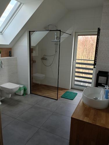a bathroom with a shower and a toilet and a sink at Willa w Brzozach Sznurki Spokojna 1 - Chmielno, Kaszuby, dom, jezioro in Chmielno