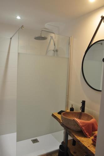 a bathroom with a shower and a sink at Chambre d'hôtes A la clé des champs Varen in Varen