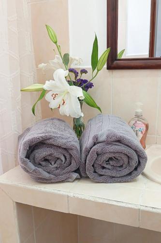 two towels on a bathroom counter with a vase of flowers at Casa Balam Bed & Breakfast Boutique in Ciudad Vieja