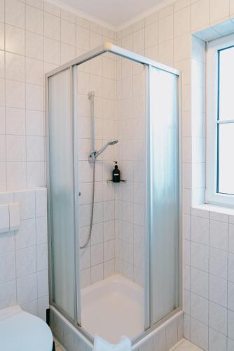 a shower with a glass door in a bathroom at Mountain View Salzburg - SELF CHECK-IN - Apartments in Grödig