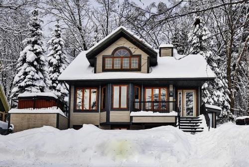 a house covered in snow with trees and snow at 23 Chemin des Skieurs in Stoneham
