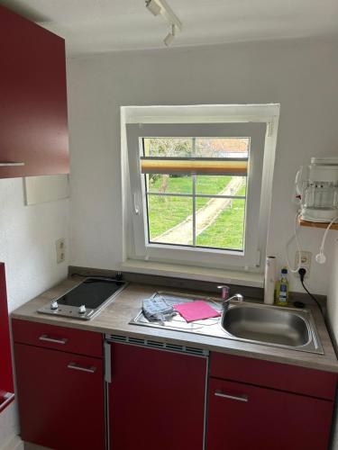 eine kleine Küche mit einem Waschbecken und einem Fenster in der Unterkunft Ferienwohnung Niesky in Niesky
