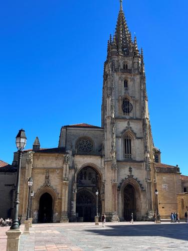 a large cathedral with a tower and a large building at Apartamento Salsipuedes-La Catedral in Oviedo