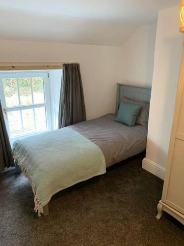 a bed in a bedroom with a window at Cosy 2 bedroom Cottage in Saint Dogmaels- river views in Cardigan
