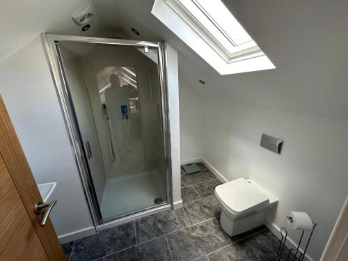 a bathroom with a shower and a toilet at Borrowdale View in Keswick