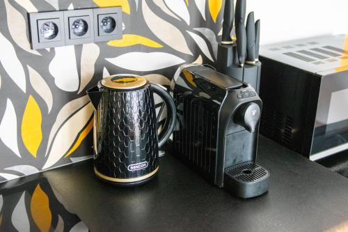a coffee maker and a toaster sitting on a counter at Luxusní Apartmán NMNM Essence in Nové Město na Moravě