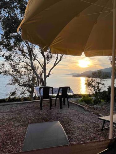 une table et des chaises sous un parasol à côté de l'eau dans l'établissement Appartement 2 personnes bord de mer, à Sagone