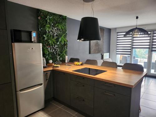 une cuisine avec un réfrigérateur blanc et un évier dans l'établissement Proche Avignon centre, jardin & climatisation 4pers, à Avignon