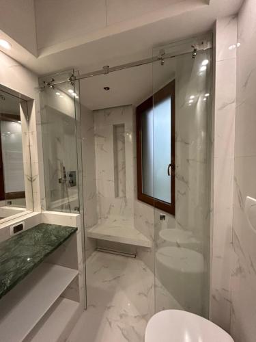 a bathroom with a glass shower and a toilet at Lux apartment San Paolo in Rome