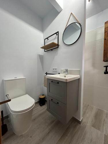 ein Badezimmer mit einem WC, einem Waschbecken und einem Spiegel in der Unterkunft El bufon de la corte in Carratraca