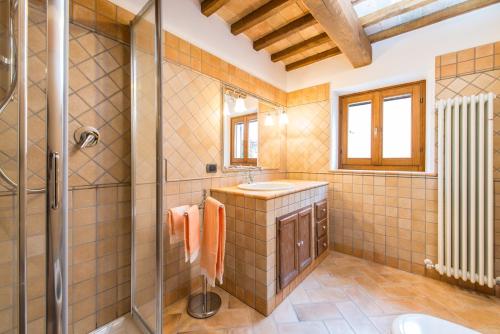 uma casa de banho com um lavatório e um chuveiro em Casetta in Pietra em Acqualagna