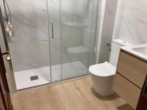 uma casa de banho com um chuveiro, um WC e um lavatório. em Apartamento con ascensor, dos habitaciones em La Coruña