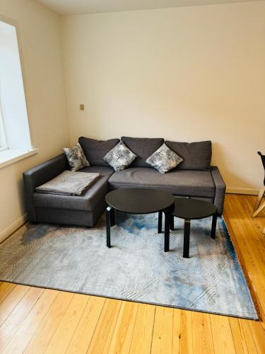a living room with a couch and two tables at Cozy Apartment Aarhus C in Aarhus