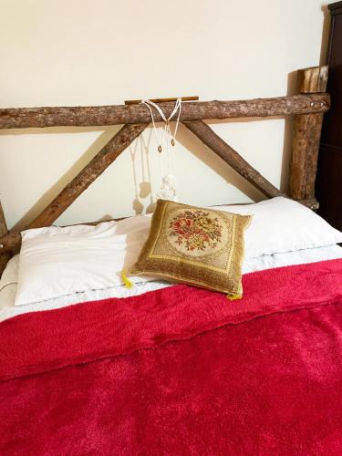 a bed with a red blanket and a pillow on it at Green House Chalé, hostel e pousada in Saquarema