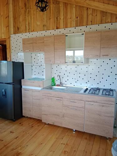 a kitchen with wooden cabinets and a black refrigerator at Cabaña Colibri in Paipa