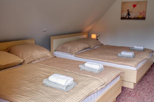 two beds in a room with towels on them at Apartma Pikabooth in Topolšica