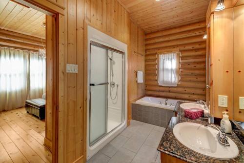 a bathroom with a shower and a sink and a tub at Fiddler Lake Resort Chalet Deer 59 in Mille-Isles