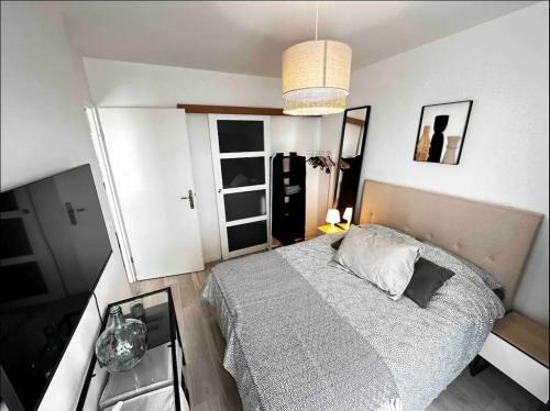 1 dormitorio con 1 cama grande en una habitación en Grand F2 dernier etage belle vue, en Le Blanc-Mesnil