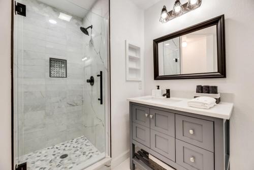 a bathroom with a shower and a sink and a mirror at Little elm 5BR Gem Pool Spa Firepit Game Room in Little Elm