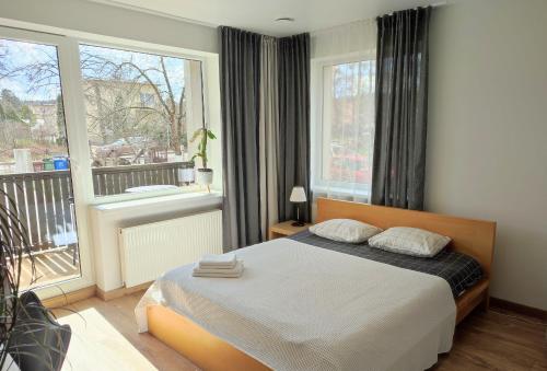 - une chambre avec un lit et un balcon dans l'établissement Miegu - Apartments, à Druskininkai