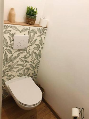 une salle de bain avec des toilettes blanches dans une chambre dans l'établissement Joli appartement en duplex neuf à Saint-Josse, à Saint-Josse