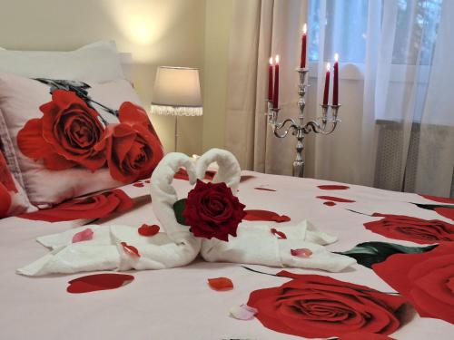 two swans made out of roses on a bed at Albina apartman in Eger