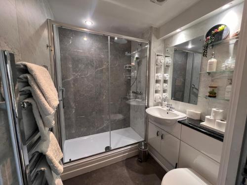 a bathroom with a shower and a sink at CockleDora, A Luxury Ground Floor Beachfront Apartment in Llanelli