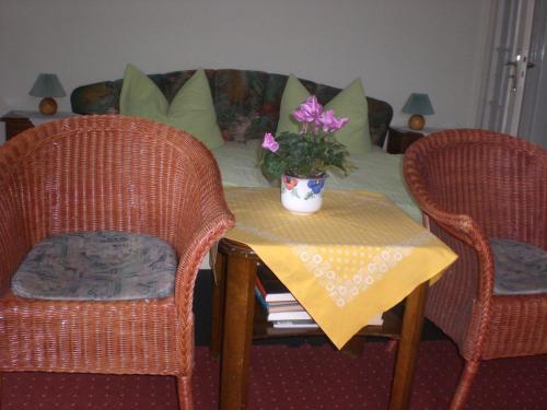 a table with two chairs and a pot of flowers on it at Pension Villa Sophia in Sassnitz