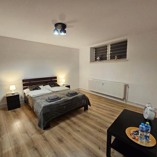 1 dormitorio grande con 1 cama y 1 mesa en Apartament Tuwima 1, en Prudnik