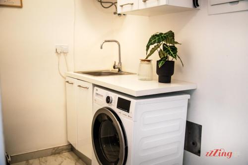 a washing machine in a kitchen with a sink and a plant at Mensija Valley Residences in St Julian's